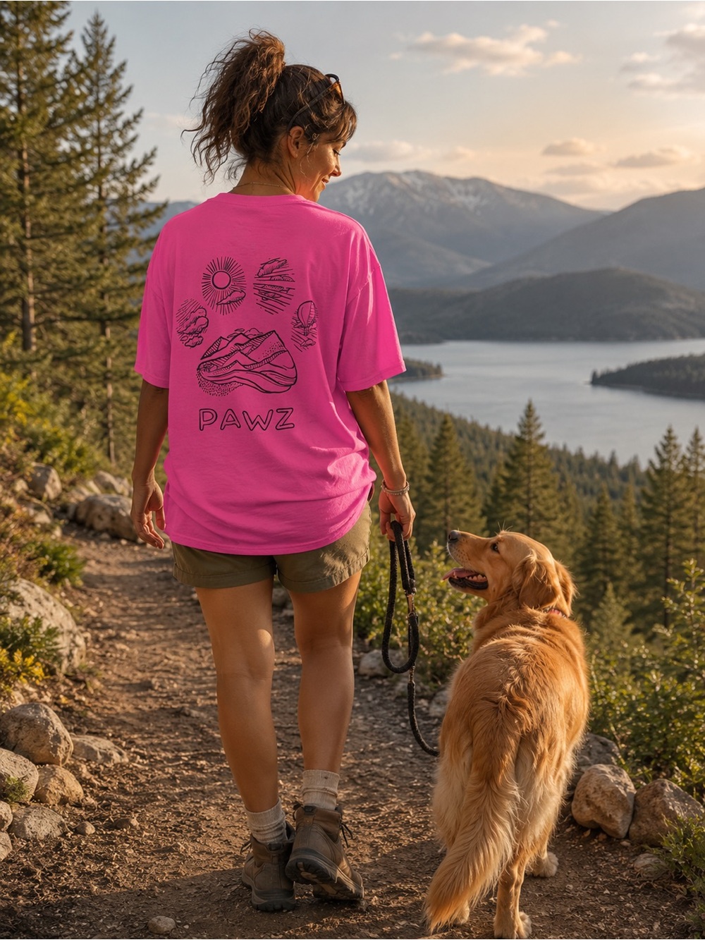 NWOT PAWZ Neon Pink Oversized Hiking Graphic Tee Unisex Size XL